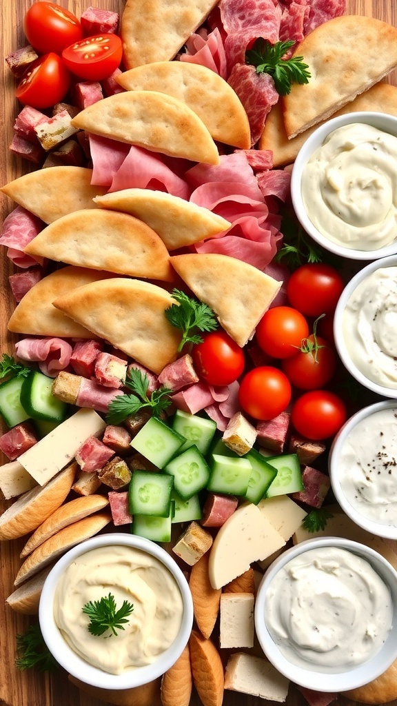 Pita Bread Charcuterie Board Recipe A vibrant charcuterie board with pita bread, meats, cheeses, vegetables, and dips, garnished with herbs.